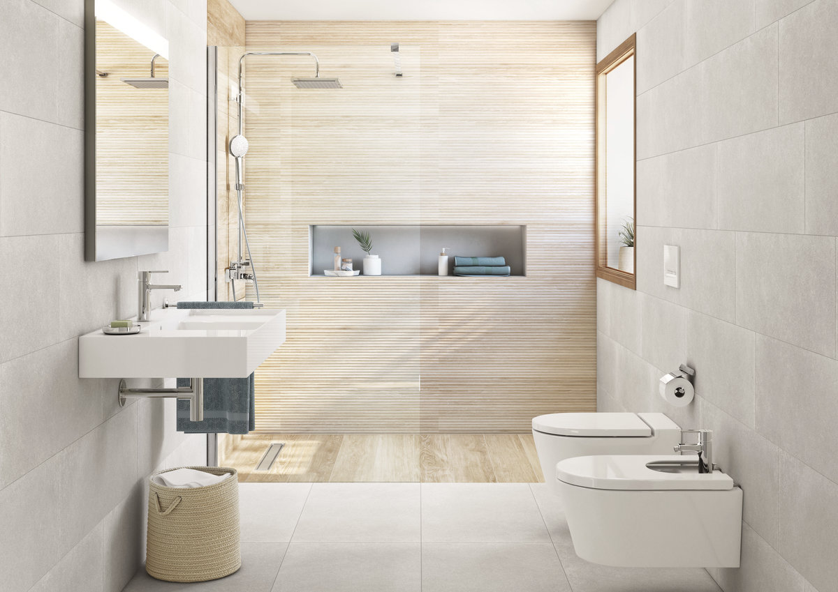 AMBIENTE_HD_Suite Abbey Roble 30x90,2 R_Weekend Gris 30x90,2 R_Abbey Roble 19,5x120 R_Weekend Gris 50x100 R